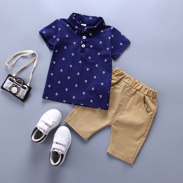 Babylane Boys' Anchor Print Suit | Trendy Korean Short Sleeve Outfit for Kids