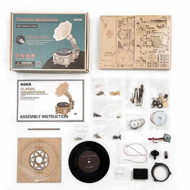 Baby Lane Robotime ROKR LKB01: Hand Crank Classic Gramophone DIY Wooden Model Kit