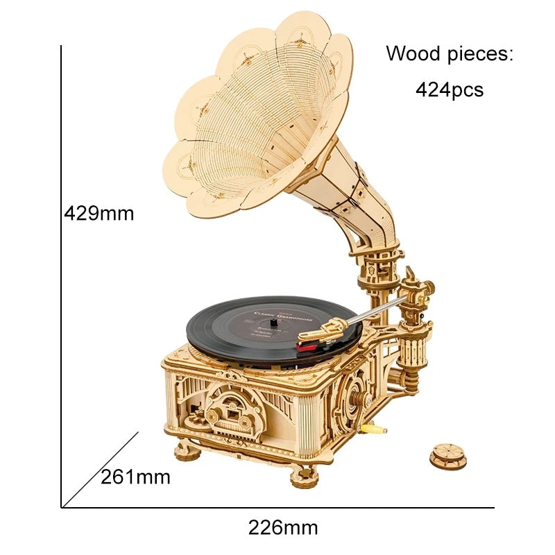 Baby Lane Robotime ROKR LKB01: Hand Crank Classic Gramophone DIY Wooden Model Kit