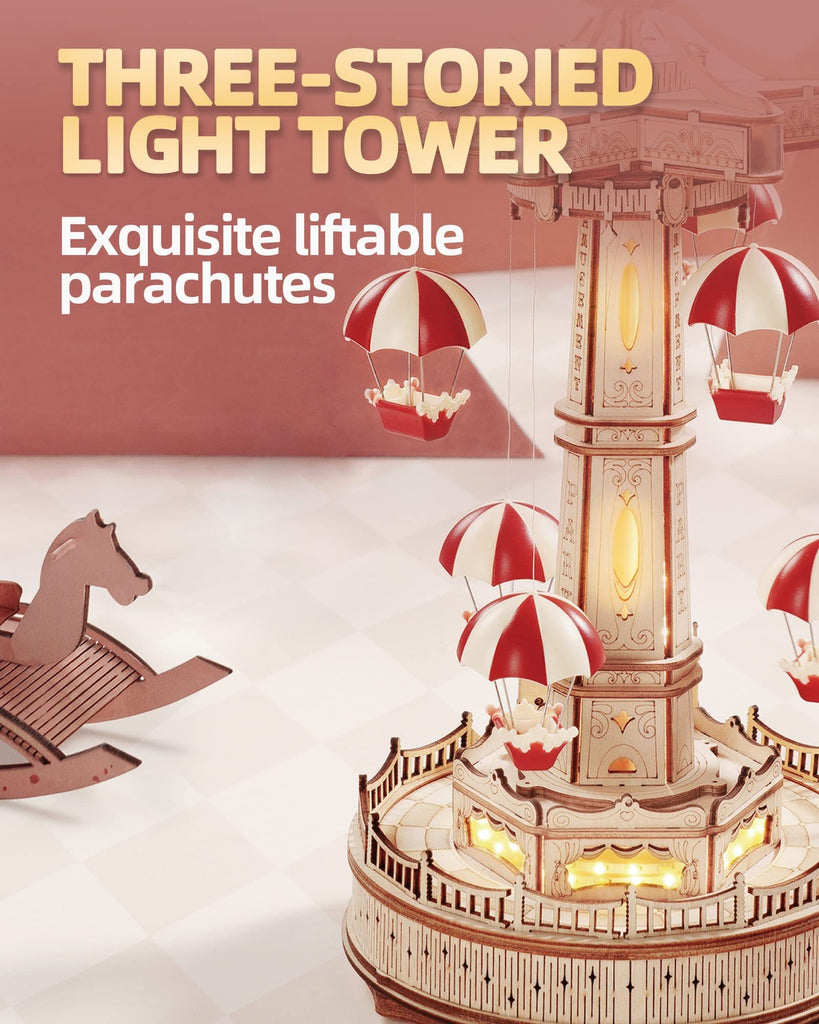 Baby Lane DIY Wooden Puzzle: Robotime Rokr Parachute Tower Music Box Assembly Kit