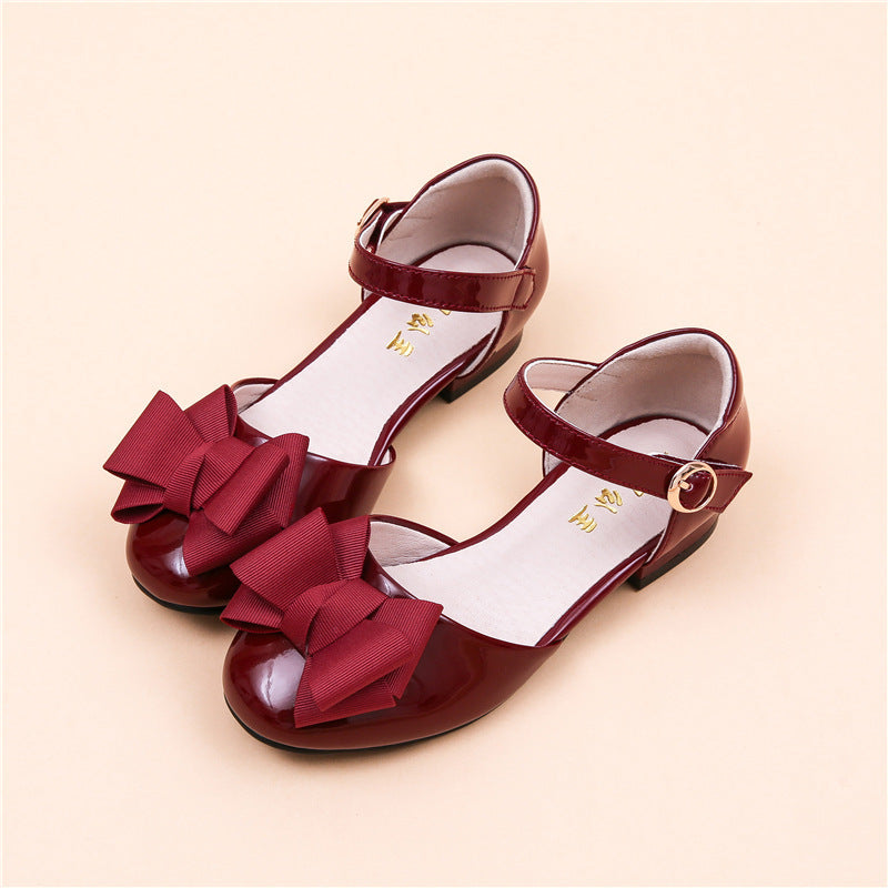 Baby Lane Big Kids' Hollow Velcro Patent Leather Shoes with Bow