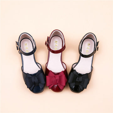 Baby Lane Big Kids' Hollow Velcro Patent Leather Shoes with Bow