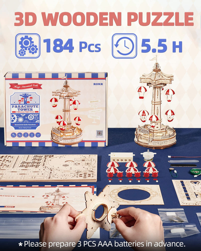 Baby Lane DIY Wooden Puzzle: Robotime Rokr Parachute Tower Music Box Assembly Kit