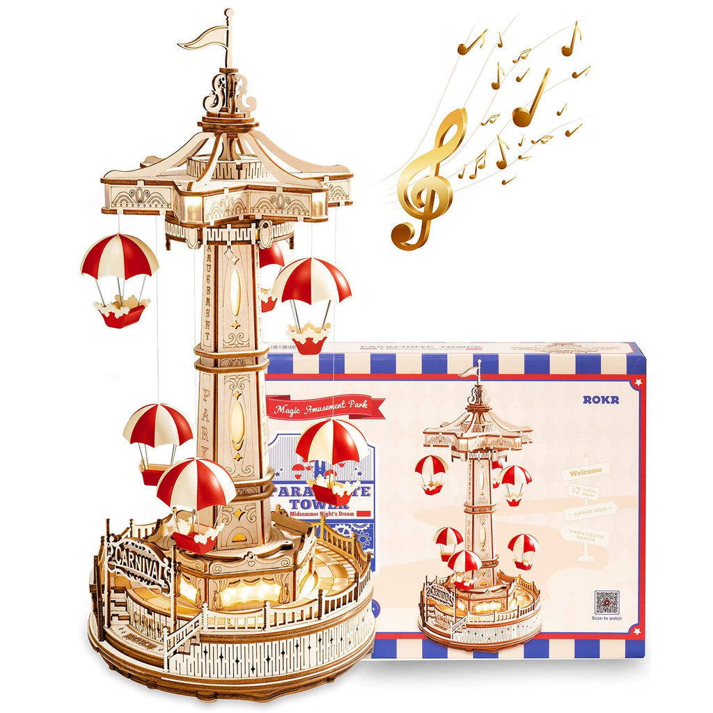Baby Lane DIY Wooden Puzzle: Robotime Rokr Parachute Tower Music Box Assembly Kit