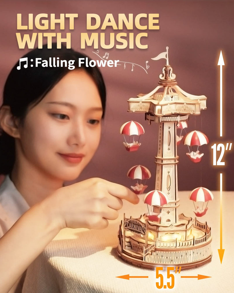 Baby Lane DIY Wooden Puzzle: Robotime Rokr Parachute Tower Music Box Assembly Kit