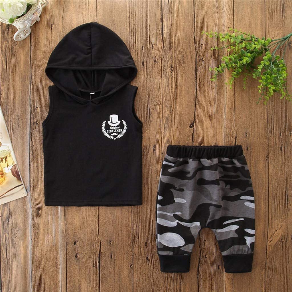 Babylane 2PCS Toddler Boy Outfit | Sleeveless Hooded T-Shirt & Camo Pants