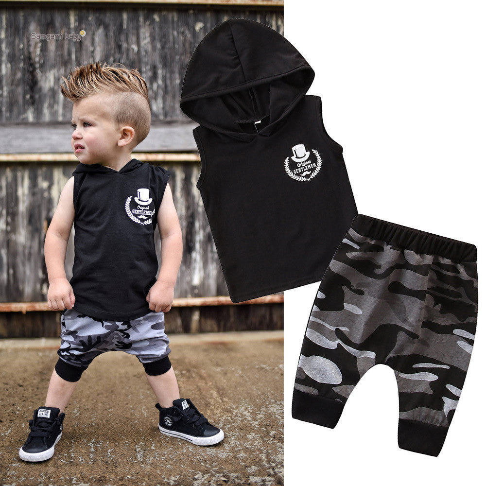 Babylane 2PCS Toddler Boy Outfit | Sleeveless Hooded T-Shirt & Camo Pants