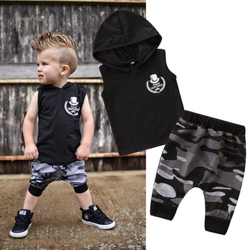 Babylane 2PCS Toddler Boy Outfit | Sleeveless Hooded T-Shirt & Camo Pants