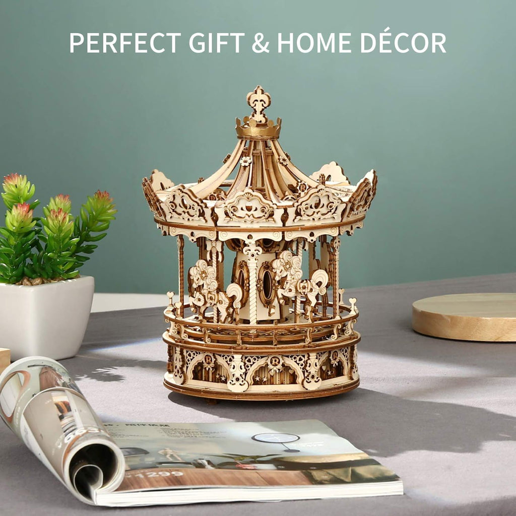 Baby Lane 3D Wooden Puzzle Carousel: Robotime Rokr DIY Rotating Music Box Kit