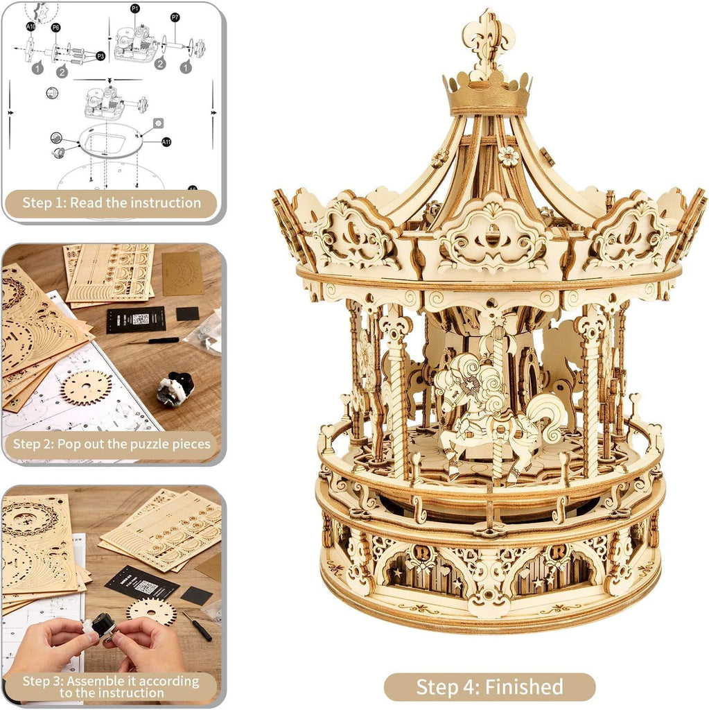 Baby Lane 3D Wooden Puzzle Carousel: Robotime Rokr DIY Rotating Music Box Kit