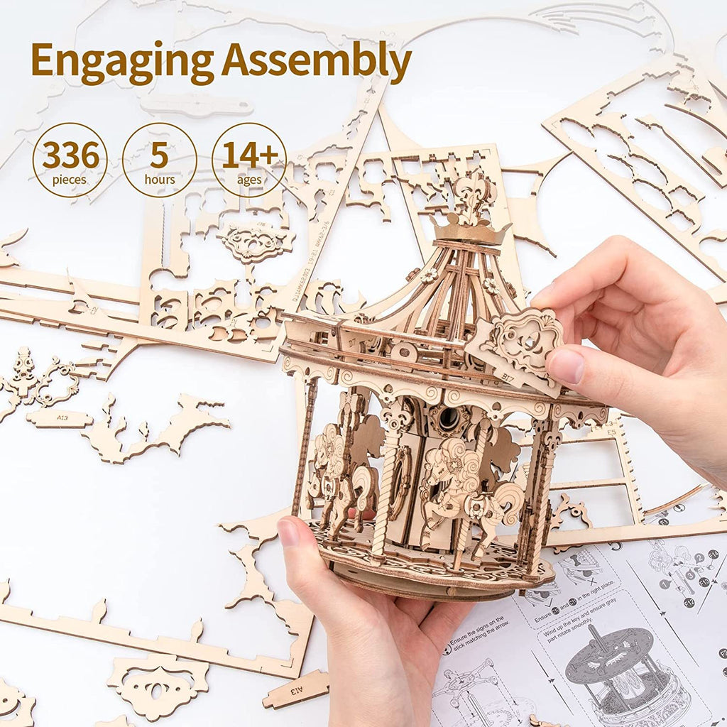 Baby Lane 3D Wooden Puzzle Carousel: Robotime Rokr DIY Rotating Music Box Kit