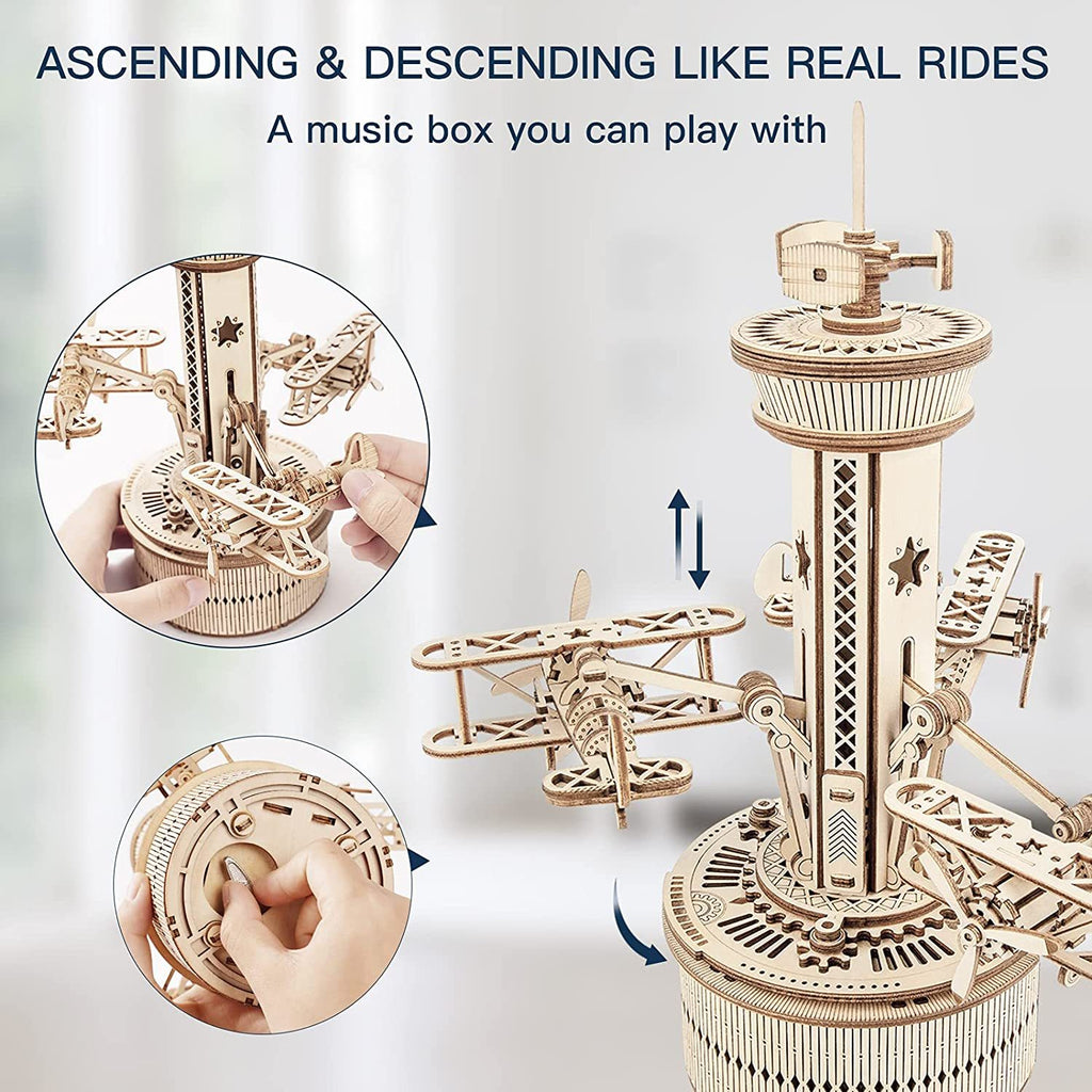 Baby Lane 3D Wooden Model Kit: Robotime Rokr Musical Box with Airplane Control Tower