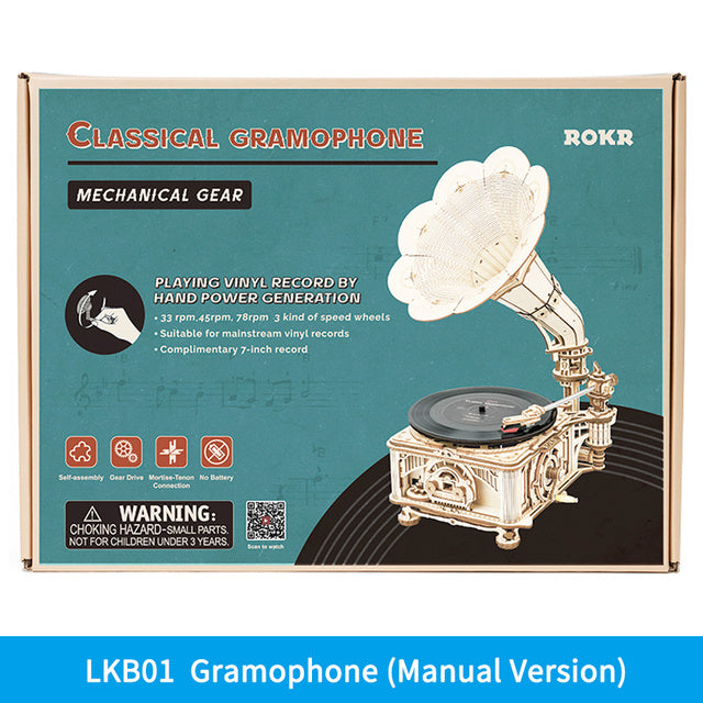 Baby Lane Robotime ROKR LKB01: Hand Crank Classic Gramophone DIY Wooden Model Kit
