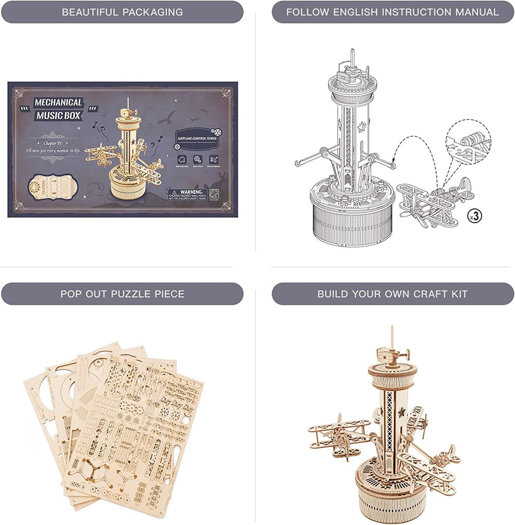 Baby Lane 3D Wooden Model Kit: Robotime Rokr Musical Box with Airplane Control Tower