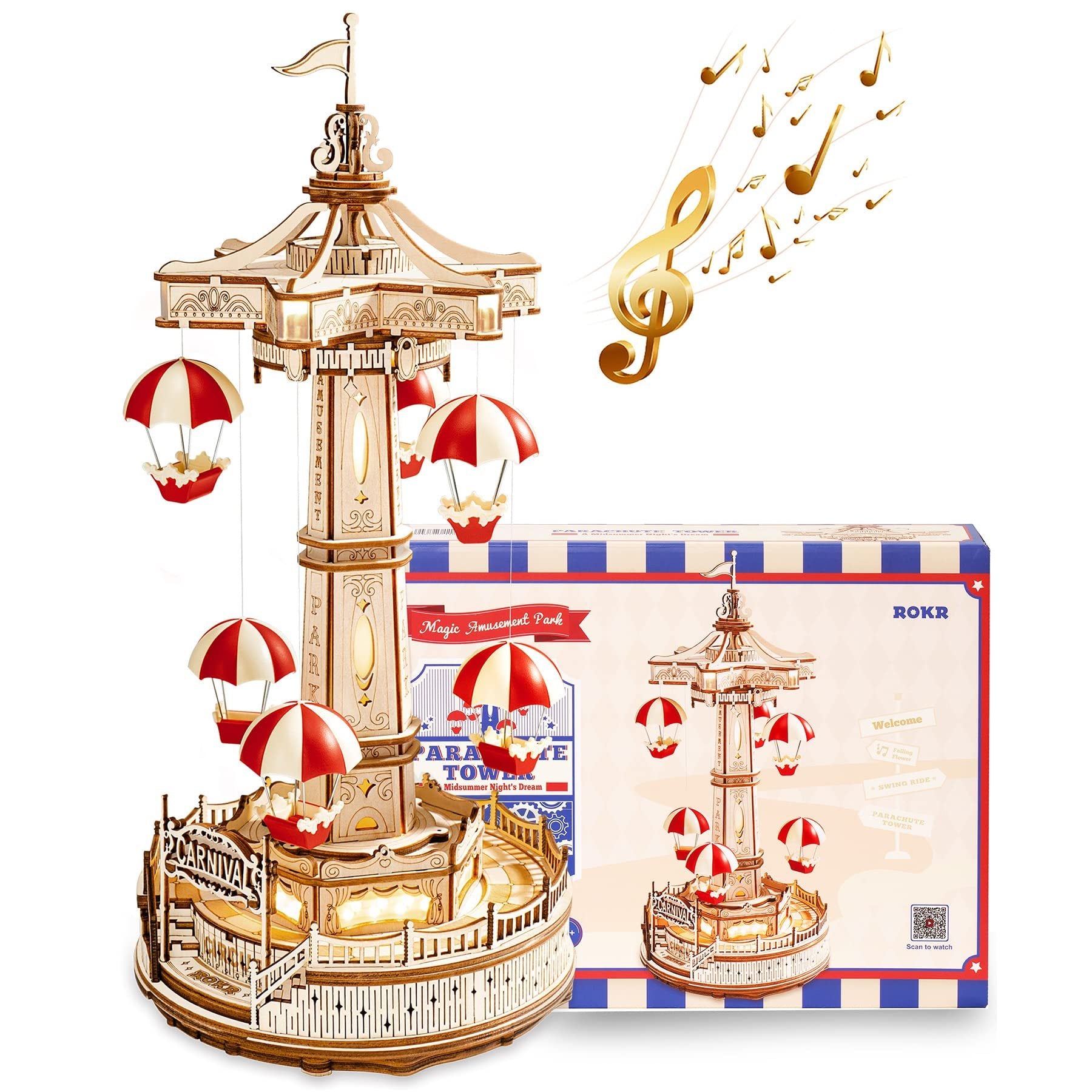 Baby Lane DIY Wooden Puzzle: Robotime Rokr Parachute Tower Music Box Assembly Kit