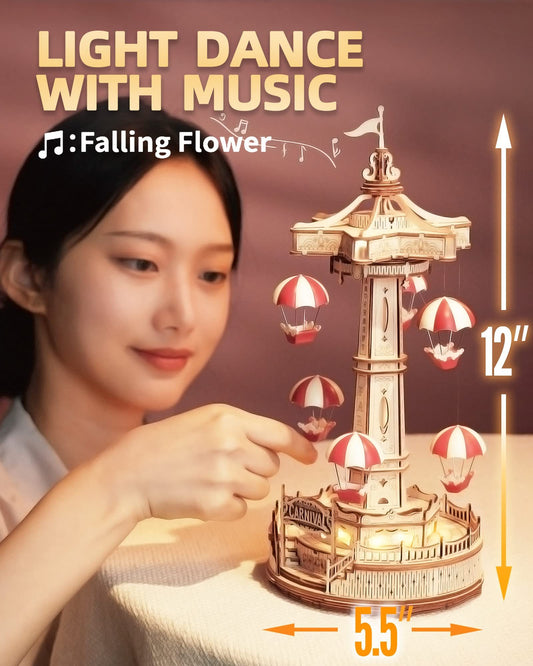 Baby Lane DIY Wooden Puzzle: Robotime Rokr Parachute Tower Music Box Assembly Kit